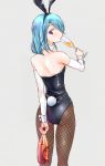  animal_ears ass black_leotard blue_hair bottle brown_legwear bunny_ears bunny_girl bunny_tail bunnysuit champagne_bottle champagne_flute character_request closed_mouth commentary_request cup detached_sleeves drinking_glass fishnet_pantyhose fishnets grey_background holding holding_bottle holding_cup leotard long_hair long_sleeves looking_at_viewer looking_back okiru pantyhose pretty_(series) pripara profile purple_eyes simple_background solo strapless strapless_leotard tail wrist_cuffs 