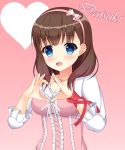  :d arm_ribbon bangs blue_eyes blush breasts brown_hair camisole center_frills cleavage commentary_request cross-laced_clothes eyebrows_visible_through_hair fingernails hands_up heart heart-shaped_pupils heart_hands highres idolmaster idolmaster_cinderella_girls long_hair long_sleeves looking_at_viewer medium_breasts open_mouth pink_background pink_camisole puffy_long_sleeves puffy_sleeves red_ribbon ribbon romaji sakuma_mayu shirt smile solo symbol-shaped_pupils upper_body urarara_(shlsz_22728) white_shirt 