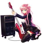  amplifier bass_guitar black_footwear black_legwear black_skirt blue_eyes boots dress_shirt fender_jazz_bass full_body hair_between_eyes high-waist_skirt holding holding_instrument instrument layered_skirt long_hair looking_at_viewer megurine_luka miniskirt one_knee one_side_up open_mouth pink_hair red_neckwear renta_(deja-vu) shirt simple_background skirt solo thighhighs very_long_hair vocaloid white_background white_shirt zettai_ryouiki 