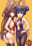  :o ahoge animal_ear_fluff animal_ears ass azur_lane backless_outfit bangle bangs bare_shoulders blush bracelet braid breasts brown_flower brown_hair brown_legwear bunny_ears bunny_girl bunny_tail bunnysuit cleavage commentary covered_navel double_bun eyebrows_visible_through_hair fang fingernails flower hair_between_eyes hair_flower hair_ornament hairband highres jewelry kemonomimi_mode kuronekozero leotard long_hair looking_at_viewer medium_breasts multiple_girls ning_hai_(azur_lane) open_mouth pantyhose parted_lips ping_hai_(azur_lane) purple_hair purple_leotard red_eyes red_leotard side_bun single_braid small_breasts tail thighhighs very_long_hair white_hairband 
