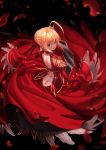  ahoge artist_name black_background blonde_hair braid butt_crack chyffon closed_mouth epaulettes fate/extra fate_(series) french_braid from_above from_behind green_eyes highres long_sleeves nero_claudius_(fate) nero_claudius_(fate)_(all) petals revision short_hair simple_background solo 