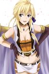  :d ahoge armlet asymmetrical_gloves blonde_hair blue_ribbon breasts cleavage collarbone cowboy_shot crop_top elbow_gloves eyebrows_visible_through_hair gloves grancrest_senki groin hair_between_eyes hair_ribbon hands_on_hips highres jewelry leaning_forward long_hair looking_at_viewer medium_breasts midriff miniskirt navel necklace open_mouth purple_eyes raipen ribbon shiny shiny_clothes shiny_skin sidelocks siluca_meletes skirt smile solo standing stomach white_skirt 
