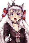  :o amatsukaze_(kantai_collection) brown_eyes choker collarbone commentary_request gloves hair_between_eyes hair_tubes kantai_collection kurou_(bcrow) lifebuoy long_hair long_sleeves looking_at_viewer neckerchief pointing pointing_at_viewer sailor_collar see-through silver_hair simple_background solo teeth tongue two_side_up upper_body v-shaped_eyebrows white_background white_gloves wide-eyed 