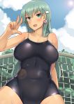  absurdres aqua_eyes aqua_hair blue_swimsuit blush breasts cleavage cloud collarbone competition_school_swimsuit covered_navel day earrings hair_ornament hairclip heart_lock_(kantai_collection) highres jewelry kantai_collection large_breasts leaning_back lens_flare long_hair looking_at_viewer lying one-piece_swimsuit open_mouth outdoors revision sky solo soushou_nin suzuya_(kantai_collection) swimsuit thighs tree underboob v wet 