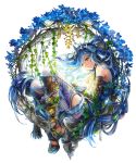  bangs blue_eyes blue_flower blue_hair dana_(ys) detached_sleeves floating_hair flower full_body grey_ribbon hair_ribbon highres long_hair non-web_source official_art parted_bangs ribbon simple_background smile solo very_long_hair white_background ys ys_viii_lacrimosa_of_dana 