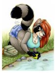  2018 amber_eyes anthro apple backpack black_fur breasts cleavage clothed clothing female food fruit fur grass grey_fur hair mammal michele_light outside procyonid raccoon red_hair shorts solo water white_fur 