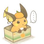  ... 2018 ambiguous_gender cardboard feral food fruit kanannbo mammal nintendo open_mouth orange_(fruit) pok&eacute;mon pok&eacute;mon_(species) raichu rodent simple_background solo speech_bubble video_games white_background 