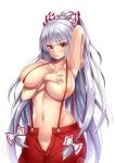  arm_up armpits bangs bow breast_press breasts collarbone commentary cowboy_shot ebi_193 eyebrows_visible_through_hair fujiwara_no_mokou groin hair_bow hand_on_own_chest huge_breasts long_hair looking_at_viewer naked_suspenders navel nipples open_fly pants parted_lips red_eyes red_pants silver_hair simple_background solo standing stomach suspenders topless touhou very_long_hair white_background white_bow 