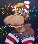  2018 4th_of_july absurd_res anthro areola armwear bear big_breasts bikini blonde_hair blue_eyes breasts butt clothed clothing digital_drawing_(artwork) digital_media_(artwork) eyelashes female fireworks fur green_eyes hair hands_behind_head hi_res huge_breasts legwear long_hair looking_at_viewer mammal miso_souperstar night nipples outside sky smile solo standing stars_and_stripes stockings striped_legwear stripes swimsuit thick_thighs thigh_highs united_states_of_america wide_hips 