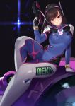  animal_print black_background bodysuit breasts brown_eyes brown_hair bunny_print closed_mouth d.va_(overwatch) gun highres kagematsuri long_hair looking_at_viewer medium_breasts meka_(overwatch) overwatch revision ribbed_bodysuit signature sitting smile solo thick_thighs thighs weapon whisker_markings wide_hips 