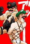  alternate_color alternate_costume background_text bara bdsm big_nose black_gloves black_hat black_legwear blush briefs brothers brown_hair caucasian chest_hair closed_eyes commentary_request crossdressing domino_mask facial_hair fishnet_legwear fishnets gloves green_hat hat hayashi_custom highres incest luigi male_focus mario mario_(series) mask multiple_boys muscle mustache no_nipples non-asian nose open_mouth red_background rope shibari shirtless siblings simple_background single_letter super_mario_bros. sweat thighhighs underwear underwear_only white_briefs yaoi 