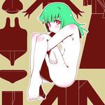  alternate_hair_color bakemonogatari barefoot green_hair monogatari_(series) nude pink_eyes sengoku_nadeko solo tanabe_kyou 