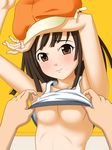  armpits arms_up bad_id bad_pixiv_id bakemonogatari blush breasts brown_eyes brown_hair cabbie_hat hat ito_hajime medium_breasts monogatari_(series) no_bra sengoku_nadeko shirt_lift short_hair underboob 