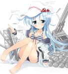  barefoot belt black_shorts blue_eyes cannon commentary_request drum_(container) flat_cap front-tie_top full_body hammer_and_sickle hat hibiki_(kantai_collection) highres hizuki_yayoi kantai_collection long_hair looking_at_viewer machinery open_clothes shorts silver_hair simple_background sitting solo striped_bikini_top toes torpedo turret verniy_(kantai_collection) white_background white_hat 