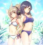  arm_holding arm_up bikini bow bow_bikini breasts cowboy_shot earmuffs gradient_hair hijiri_byakuren light_brown_hair long_hair makuwauri multicolored_hair multiple_girls navel plant pointy_hair purple_bikini sideboob swimsuit touhou toyosatomimi_no_miko white_bikini yellow_eyes 