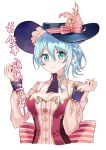  atelier_(series) back_bow blue_eyes blue_hair bow breasts cleavage closed_mouth cravat hair_between_eyes hat hat_bow light_blue_hair looking_at_viewer nelke_to_densetsu_no_renkinjutsushi_tachi nelke_von_luchetam ryuuno6 short_hair side_ponytail simple_background smile solo striped striped_bow translation_request upper_body white_background 
