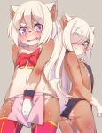  animal_ears ass bandeau blonde_hair blush bow commentary_request covering covering_crotch dog_ears dog_tail embarrassed eyes_visible_through_hair fang flat_chest fundoshi furry green_eyes hair_over_one_eye hand_on_own_chest highres japanese_clothes loincloth long_hair looking_back multiple_girls navel open_mouth original purple_eyes red_legwear ribbon short_hair tail thighhighs yuuki_(yuyuki000) 