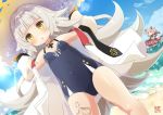  :o ahoge alternate_costume arms_up azur_lane bangs bare_shoulders beach black_swimsuit blue_sky blue_swimsuit blunt_bangs blush breasts brown_eyes casual_one-piece_swimsuit cloud cloudy_sky collarbone commentary_request day dutch_angle eyebrows_visible_through_hair foam gloves hair_ornament hands_on_headwear hat hyakka_onibi iron_cross jacket long_hair long_sleeves looking_at_viewer mole mole_under_eye multiple_girls ocean one-piece_swimsuit open_clothes open_jacket orange_gloves outdoors parted_lips pink_hair puffy_long_sleeves puffy_sleeves ribbon riding sand silver_hair sky small_breasts solo_focus standing straw_hat sun_hat swimsuit u-81_(azur_lane) very_long_hair water waves white_jacket white_ribbon z46_(azur_lane) 