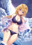  :d absurdres ass_visible_through_thighs bangs bare_shoulders bikini black_bikini blonde_hair blue_bow blue_eyes blue_sky blush bow breasts cleavage cloud cloudy cloudy_sky collarbone cowboy_shot eyebrows_visible_through_hair fate/apocrypha fate_(series) front-tie_top groin hair_between_eyes hair_bow heirou highres hood hood_down hoodie jeanne_d'arc_(fate) jeanne_d'arc_(fate)_(all) large_breasts legs_together long_hair long_sleeves looking_at_viewer navel off_shoulder open_clothes open_hoodie open_mouth shiny shiny_skin side-tie_bikini sky smile solo standing stomach swimsuit very_long_hair wading water 