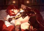  alexander_(fate/grand_order) armlet axe bangs banner battle_axe blush bracer brown_gloves brown_skirt cape closed_mouth commentary earrings elbow_gloves eyebrows_visible_through_hair fate/grand_order fate_(series) fingerless_gloves fur-trimmed_gloves fur_trim gloves gold_trim hair_between_eyes hoop_earrings indoors jewelry kaina_(tsubasakuronikuru) lamp looking_at_viewer lying male_focus on_bed on_side parted_bangs pillow pillow_hug polearm red_cape red_eyes red_hair scabbard sheath sheathed skirt solo spear sword turtleneck waist_cape weapon 