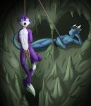  2017 anthro arms_tied asphyxiation blue_scales bound cavern choking clothing death digital_media_(artwork) dragon duo feline fur hanged inside loincloth looking_at_another looking_up lord-kiyo lying male mammal multicolored_fur noose open_mouth pecs purple_fur rope scales stalactite strangling tongue torture two_tone_fur violence 