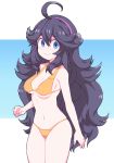  ahoge bikini blue_eyes blush breasts cleavage collarbone hairband hex_maniac_(pokemon) highres long_hair looking_at_viewer medium_breasts navel nazonazo_(nazonazot) orange_bikini pokemon pokemon_(game) pokemon_xy purple_hair purple_hairband ringed_eyes smile solo stomach sweat sweatdrop swimsuit wavy_mouth 