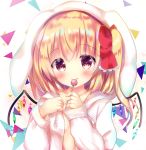  animal_ears animal_hood blonde_hair blush bow bunny_ears bunny_hood candy closed_mouth collarbone commentary_request crystal flandre_scarlet food hair_bow hands_up holding holding_food holding_lollipop hood hood_up hoodie licking lollipop long_hair looking_at_viewer one_side_up red_bow rikatan smile solo tongue tongue_out touhou white_hoodie wings 