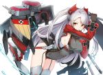  antenna_hair azur_lane bangs blush breasts closed_mouth covered_navel eyebrows_visible_through_hair finger_to_mouth garter_straps gloves hair_between_eyes head_tilt headgear iron_cross large_breasts long_hair long_sleeves looking_at_viewer luse_maonang machinery mole mole_on_breast multicolored_hair prinz_eugen_(azur_lane) red_hair red_lips sideboob silver_hair simple_background smile solo sparkle streaked_hair swept_bangs thighhighs thighs twintails two_side_up very_long_hair white_background wide_sleeves 