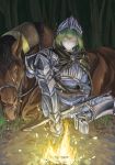  1girl armor campfire cape eyes_closed female helmet horse igara1108 knight nature original outdoors sitting sleeping solo sword weapon 