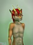  2018 antelope anthro brown_fur digital_media_(artwork) fur hair half-length_portrait horn howling-strawberries impala looking_at_viewer male mammal navel nude orange_fur portrait red_eyes red_hair simple_background smile snout solo tan_fur tuft young 