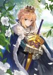  ahoge andrian_gilang armor artoria_pendragon_(all) avalon_(fate/stay_night) blonde_hair blue_cape breastplate cape closed_mouth commentary_request crown day excalibur eyebrows_visible_through_hair fate/grand_order fate_(series) flower fur-trimmed_cape fur_trim gauntlets green_eyes hair_bun hair_ribbon highres holding leaf looking_at_viewer outdoors petals ribbon saber scabbard sheath shiny shiny_hair short_hair smile solo 