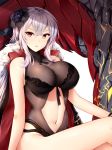  azur_lane bangs black_swimsuit bracelet breasts cleavage eyebrows_visible_through_hair flower fur_trim graf_zeppelin_(azur_lane) hair_between_eyes hair_flower hair_ornament highres jacket_on_shoulders jewelry lace large_breasts long_hair looking_at_viewer midriff navel navel_cutout one-piece_swimsuit red_eyes revealing_clothes see-through silver_hair sitting sleeveless solo stomach swimsuit wsman 