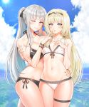  ak-12_(girls_frontline) alternate_costume alternate_hairstyle an-94_(girls_frontline) arm_around_waist bad_revision bangs bare_shoulders beach bikini black_bikini blonde_hair blue_eyes blue_nails blue_sky blush braid breasts cleavage closed_mouth cloud collarbone commentary_request day downscaled_revision eyebrows_visible_through_hair french_braid girls_frontline hair_ribbon hairband hand_on_another's_arm long_hair looking_at_viewer md5_mismatch medium_breasts multiple_girls nail_polish ocean one_eye_closed open_mouth outdoors ponytail red_eyes red_nails ribbon side-tie_bikini sidelocks signature silver_hair skindentation sky small_breasts smile sun sunlight swimsuit taesi thigh_strap tress_ribbon very_long_hair wet 