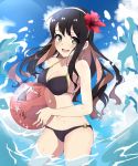  ball beachball bikini bikini_day black_hair blush breasts cleavage cloud cloudy_sky commentary day fang flower hair_flower hair_ornament highres kagari_leroy kantai_collection large_breasts long_hair looking_at_viewer medium_breasts multicolored_hair naganami_(kantai_collection) navel o-ring o-ring_bikini o-ring_bottom ocean open_mouth outdoors pink_hair sky solo swimsuit wading yellow_eyes 