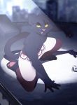 2018 4_toes 5_fingers anthro barefoot black_fur black_hair black_lips cat clothed clothing digital_media_(artwork) feline fur hair holding_object holding_weapon kyander male mammal pink_nose smile solo toes topless weapon whiskers yellow_eyes 