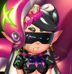  +_+ 1girl alternate_costume aori_(splatoon) black_hair breasts closed_mouth crop_top domino_mask earrings food food_on_head green_hair jewelry looking_at_viewer mask object_on_head placeholdname pointy_ears puffy_short_sleeves puffy_sleeves simple_background small_breasts solo splatoon splatoon_2 suggestive_fluid sushi symbol-shaped_pupils tentacle tentacle_hair upper_body yellow_eyes 