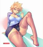  1girl bakugou_mitsuki black_panties blonde_hair boku_no_hero_academia breasts cleavage glaring highres large_breasts leg_up looking_at_viewer mature milf panties pencil_skirt red_eyes sitting skirt solo spiked_hair supersatanson thick_thighs thighhighs thighs underwear 