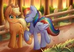  2018 absurd_res applejack_(mlp) blonde_hair blue_feathers blush cowboy_hat cute cutie_mark detailed_background duo earth_pony equine eyebrows eyelashes eyes_closed feathered_wings feathers female fence feral forest freckles friendship_is_magic grass green_eyes hair hair_tie hat hi_res hooves horse mammal multicolored_hair mushroom my_little_pony nana-yuka nude outside pegasus plant pony rainbow_dash_(mlp) rainbow_hair raised_leg road shadow shrub smile sunset tree walking watermark wings 