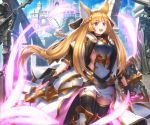  :d bangs black_choker black_gloves black_legwear blonde_hair blue_sky blurry braid breastplate breasts building choker coat day depth_of_field erune eyebrows_visible_through_hair faulds floating_hair french_braid gloves glowing glowing_sword glowing_weapon granblue_fantasy greaves hair_ornament high_collar highres holding holding_shield holding_sword holding_weapon kaina_(tsubasakuronikuru) long_hair looking_at_viewer open_clothes open_coat open_mouth outdoors pillar purple_eyes shield shiny shiny_hair sideboob sidelocks sky smile solo standing statue sword thighhighs upper_teeth very_long_hair weapon white_coat yuisis_(granblue_fantasy) 