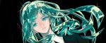  absurdres ahoge alexandrite_(houseki_no_kuni) androgynous aqua_eyes aqua_hair black_background colored_eyelashes crystal_hair dutch_angle gem_uniform_(houseki_no_kuni) green_eyes green_hair highres houseki_no_kuni long_hair looking_at_viewer ririkonosukee solo sparkle 