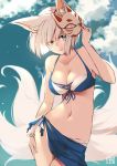  angry_num animal_ear_fluff animal_ears azur_lane bangs bare_shoulders bikini blue_eyes blue_sarong blue_sky blush breasts cleavage closed_mouth cloud collarbone cowboy_shot day fox_ears fox_mask fox_tail groin hand_on_own_thigh hand_up head_tilt kaga_(azur_lane) large_breasts looking_at_viewer mask md5_mismatch navel outdoors sarong short_hair sidelocks signature skindentation sky smile solo stomach swimsuit tail white_bikini 