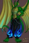  anthro belt beowulf_kennedy blue_theme chain clothed clothing dragon fire looking_at_viewer male membranous_wings scalie solo topless wings zhorah 