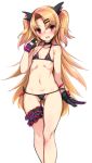  absurdres akatsuki_yuni alternate_costume arm_at_side ass_visible_through_thighs bangs bare_shoulders bikini black_bikini blonde_hair blush breasts cowboy_shot eyebrows_visible_through_hair gloves hair_ornament hairclip halterneck harigane_shinshi highres long_hair looking_at_viewer micro_bikini multicolored multicolored_bikini multicolored_clothes partly_fingerless_gloves pink_eyes side-tie_bikini small_breasts smile solo swimsuit thigh_gap thigh_strap thighs two_side_up uni_channel very_long_hair virtual_youtuber 