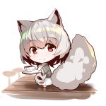  animal_ears bangs barefoot blush chibi closed_mouth cup eyebrows_visible_through_hair fox_ears fox_girl fox_tail grey_kimono hair_between_eyes head_tilt holding holding_tray japanese_clothes kimono long_sleeves original pleated_skirt red_eyes reflection reflective_floor short_kimono silver_hair skirt smile solo standing tail teacup tray waitress white_background white_skirt wide_sleeves wooden_floor yuuji_(yukimimi) 
