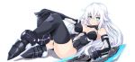  bare_shoulders black_heart black_legwear blue_eyes breasts cleavage covered_navel elbow_gloves eyebrows_visible_through_hair gloves holding holding_weapon iwasi-r long_hair looking_at_viewer medium_breasts neptune_(series) simple_background smile solo symbol-shaped_pupils thighhighs very_long_hair weapon white_background white_hair 