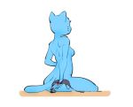  2018 5_fingers anthro blue_fur bra breasts cartoon_network cat clothing digital_media_(artwork) feline female fur junyois mammal mature_female nicole_watterson nude pose rear_view side_boob simple_background sitting solo the_amazing_world_of_gumball underwear undressing whiskers white_background 