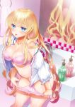  :p bangs bare_shoulders bathroom blonde_hair blue_eyes blush bow bow_panties bra breasts cleavage collarbone commentary cowboy_shot eyebrows_visible_through_hair eyelashes faucet fingernails frilled_sleeves frills highres indoors kumehara_chiyota lace lace-trimmed_shirt large_breasts legs_apart long_fingernails long_hair long_sleeves looking_at_viewer mirror navel off_shoulder open_clothes open_shirt original panties panty_pull pink_bra pink_panties pulled_by_self shirt sink smile solo standing stomach tongue tongue_out towel twitter_username underwear very_long_hair white_shirt white_towel 