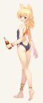  :d anklet ass azur_lane bangs bare_arms bare_legs barefoot black_swimsuit blonde_hair bottle breasts butt_crack coke competition_swimsuit eyebrows_visible_through_hair from_behind full_body grey_background hair_between_eyes holding holding_bottle jewelry kaina_(tsubasakuronikuru) long_hair looking_at_viewer looking_back one-piece_swimsuit open_mouth orange_swimsuit parted_bangs purple_eyes shiny shiny_hair shiny_skin simple_background small_breasts smile solo standing swimsuit tied_hair v-shaped_eyebrows walking warspite_(azur_lane) wristband 