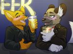  aggressive_retsuko alcohol bar beer beverage blush canine clothing drunk drunk_blush duo fox glass gregg_(nitw) haida hyena intoxicated jacket leather leather_jacket male mammal night_in_the_woods nut-case 