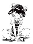  1girl bare_shoulders bell bell_earrings braid breasts china_dress detached_sleeves double_bun dress full_body greyscale lin_lin_(one-punch_man) looking_at_virert monochrome one-punch_man pants scarf sitting solo twin_braids 